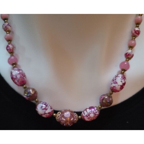 Vintage Venetian Wedding Cake Pink Opaline Murano Glass Bead Necklace 18” - Picture 1 of 6